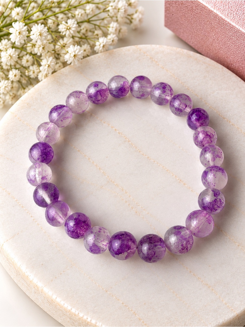 Amethyst Bead Stretch Bracelet - Purple Gemstone Jewelry